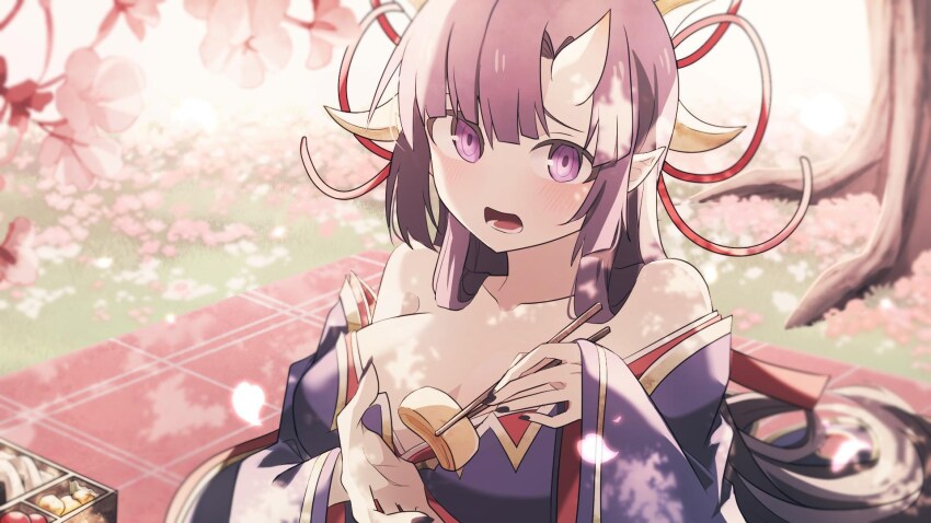 1girl, ayame_(eversoul), bare_shoulders, bento, blunt_bangs, blush, breasts, cherry_blossoms, chopsticks, dress, eversoul, falling_petals, food, hair_ornament, headdress, highres, holding, holding_chopsticks, horns, incoming_food, japanese_clothes, kimono, large_breasts, long_hair, looking_at_viewer, loose_clothes, mat, murji1996, nail_polish, off_shoulder, omelet, oni_horns, open_mouth, outdoors, parted_bangs, petals, pointy_ears, purple_dress, purple_eyes, purple_hair, purple_nails, single_horn, solo, tamagoyaki
