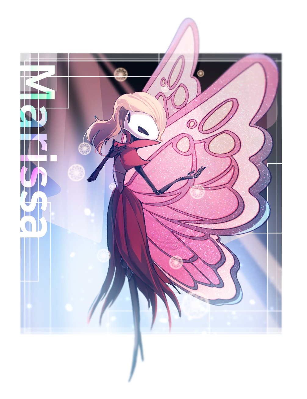 1girl, arthropod_girl, blonde_hair, butterfly_wings, dress, full_body, highres, hollow_eyes, hollow_knight, insect_wings, joints, looking_at_viewer, marissa_(hollow_knight), ocohc, pink_dress, solo, white_mask, wings