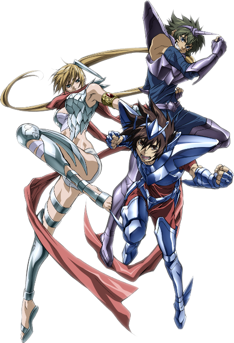 1girl, 2boys, armor, armpits, breasts, cleavage, crane_yuzuriha, lemurian