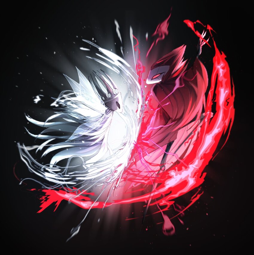 black_background, cape, clash, crown, grey_cape, grimm_(hollow_knight), highres, hollow_eyes