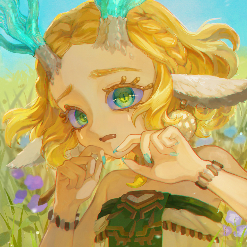 1girl, aqua_nails, blonde_hair, bracelet, braid, crown_braid, dmwggg, dragon_girl, dragon_horns, dress, earrings, flower, green_eyes, highres, horns, jewelry, large_ears, light_dragon_(zelda), magatama, magatama_necklace, medium_hair, nail_polish, necklace, nintendo, open_mouth, princess_zelda, slit_pupils, spoilers, strapless, strapless_dress, the_legend_of_zelda, the_legend_of_zelda:_tears_of_the_kingdom, upper_body