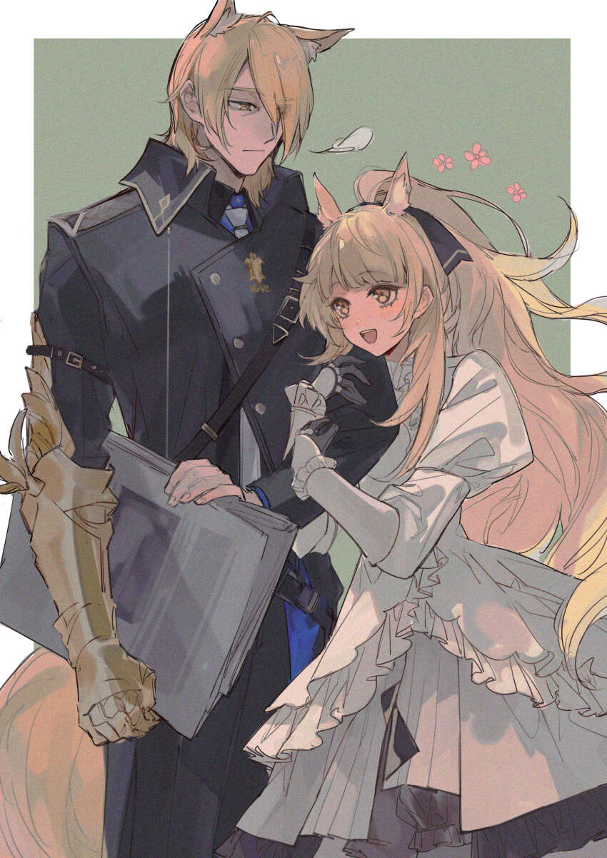 1boy, 1girl, absurdres, animal_ear_fluff, animal_ears, arknights, armor, armored_gloves