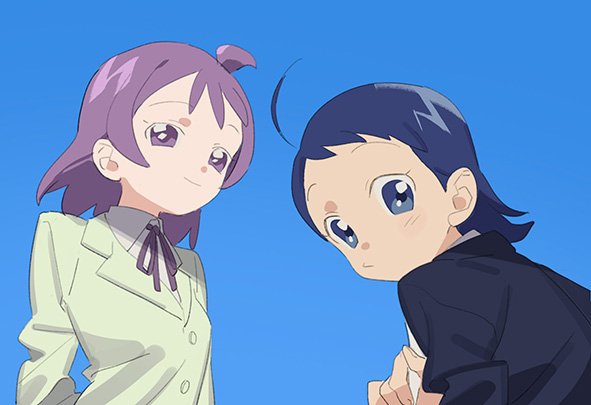 2girls, aged_up, ahoge, black_jacket, blue_background, blue_eyes, blue_hair, closed_mouth