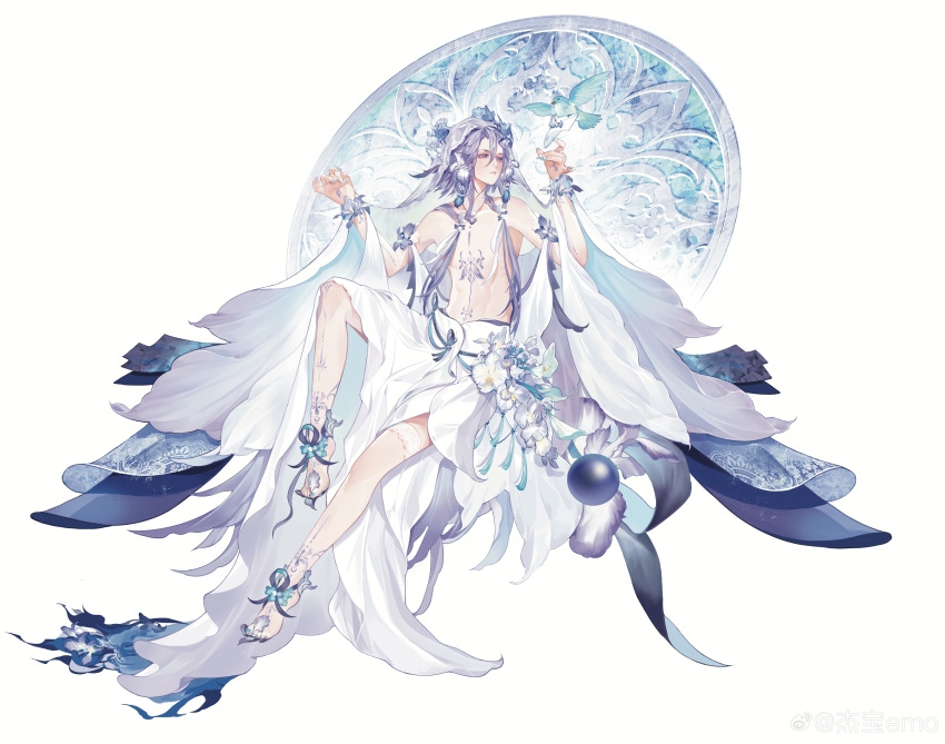 1boy, absurdres, alternate_costume, bare_pectorals, bird, blue_bird, chest_tattoo, fangu, flower, full_body, grey_hair, highres, long_hair, looking_at_another, lotus, male_focus, official_alternate_costume, onmyoji, pectorals, solo, taishakuten_(onmyoji), tattoo, veil, white_background