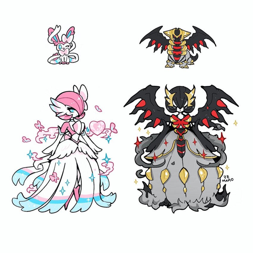 black_gloves, black_hair, blue_eyes, blue_sclera, blush, boots, bow, closed_eyes, colored_sclera, colored_skin, dragon, dress, elbow_gloves, fusion, gardevoir, gen_3_pokemon, gen_4_pokemon, gen_6_pokemon, giratina, gloves, grey_dress, hair_bow, heart, highres, legendary_pokemon, looking_at_viewer, mamobot, mega_gardevoir, mega_pokemon, nintendo, no_feet, no_humans, one_eye_closed, pink_boots, pink_fur, pink_hair, pokemon, pokemon_(creature), red_eyes, smile, sparkle, standing, sylveon, two-tone_fur, white_background, white_dress, white_fur, white_gloves, white_skin, wings
