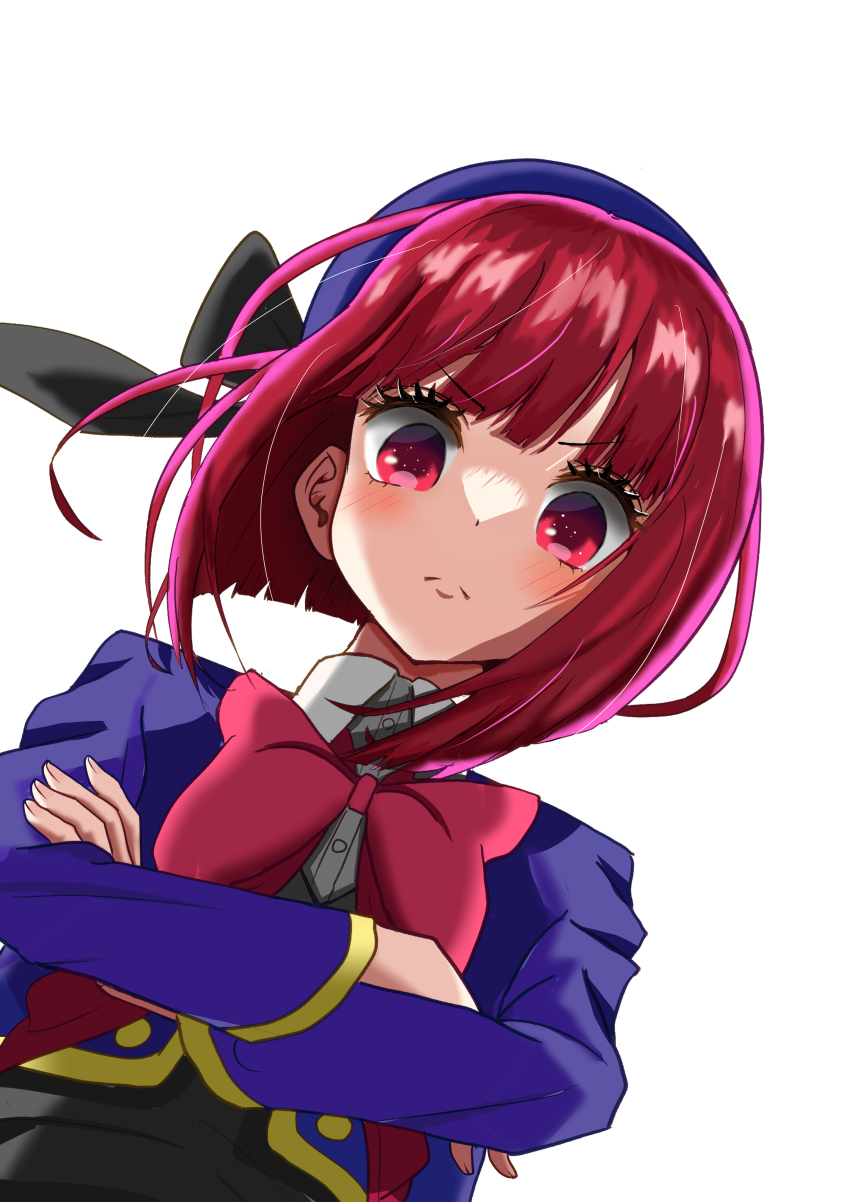 1girl, absurdres, arima_kana, beret, black_sweater_vest, blue_hat, blue_vest, bob_cut