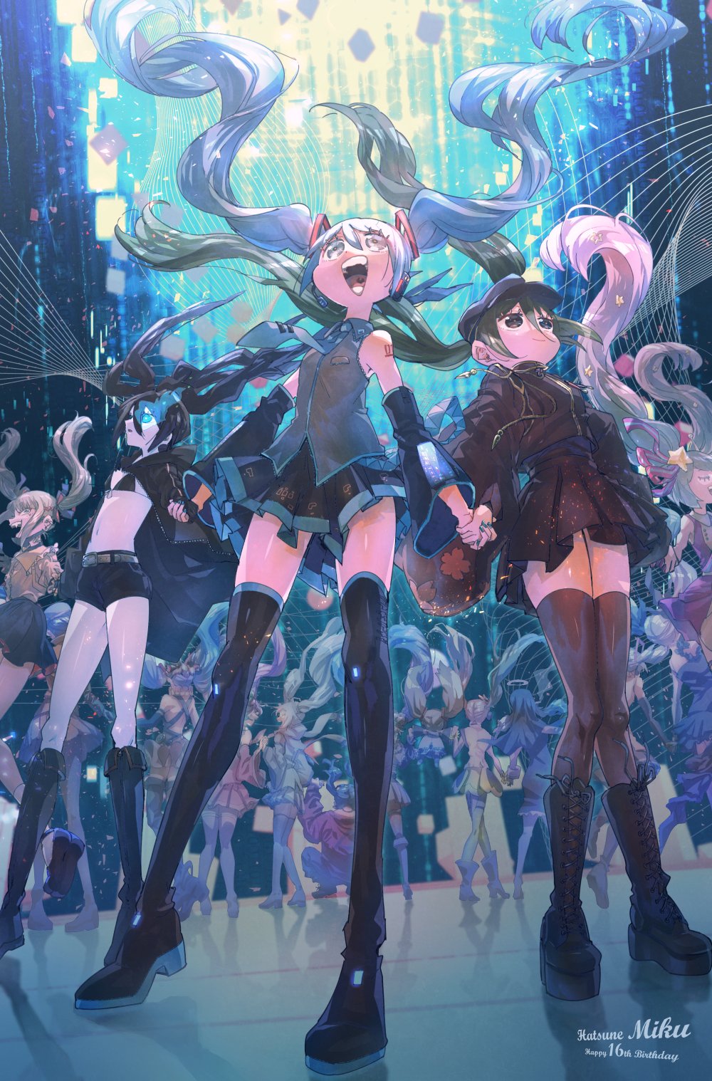 6+girls, anniversary, aqua_hair, bikini, black_hair, black_rock_shooter, black_rock_shooter_(character), character_name