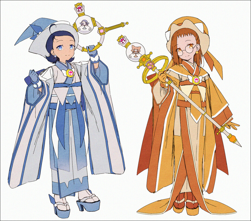 2girls, adapted_costume, ahoge, blue_eyes, blue_footwear, blue_gloves, blue_hair, blue_headwear