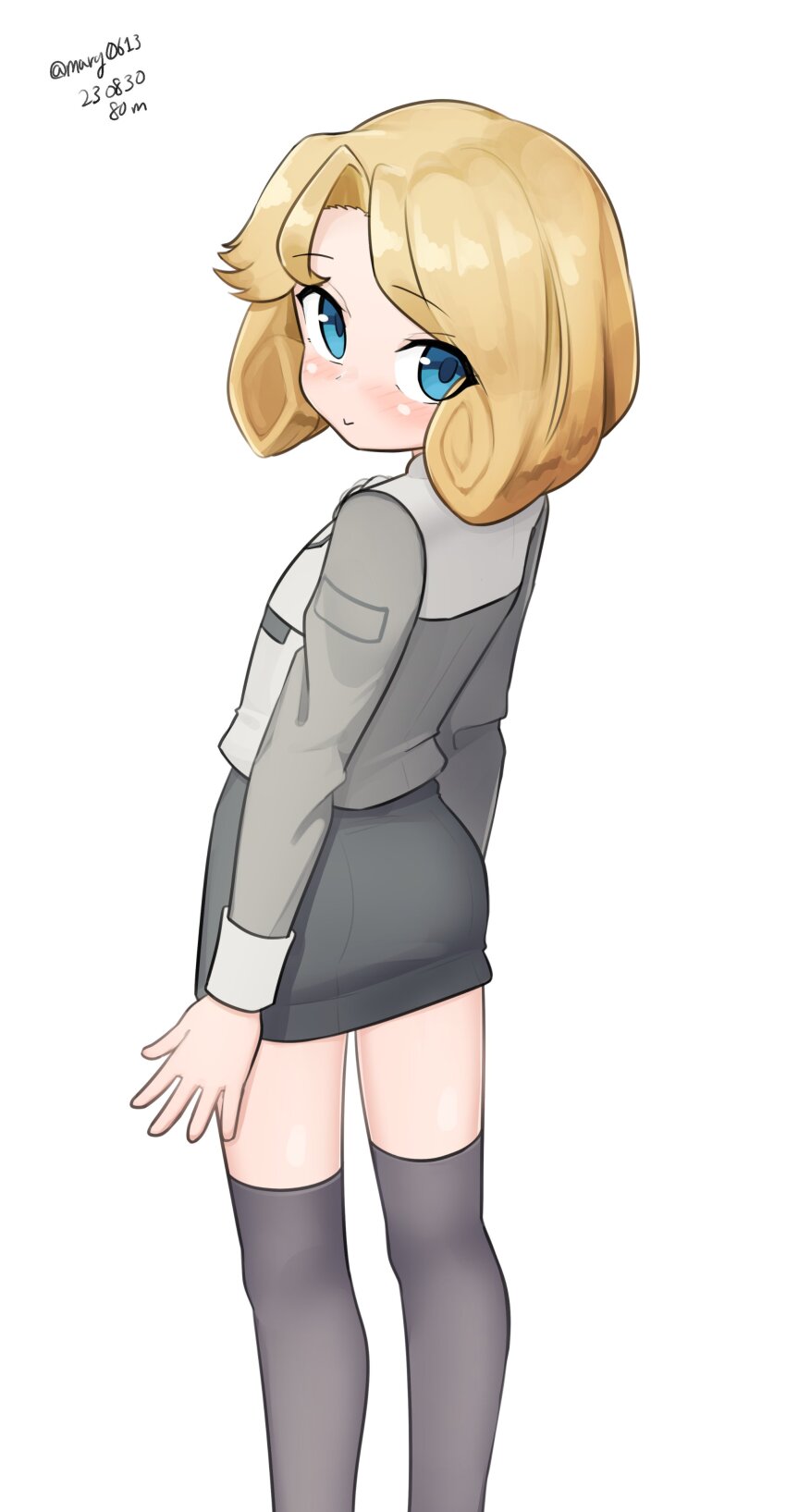 absurdres, blonde_hair, blue_eyes, cosplay, dated, feet_out_of_frame, from_behind, grey_shirt, grey_skirt, grey_thighhighs, highres, janus_(kancolle), kantai_collection, looking_at_viewer, looking_back, maru_(marg0613), military_uniform, nelson_(kancolle), nelson_(kancolle)_(cosplay), one-hour_drawing_challenge, parted_bangs, pencil_skirt, shirt, short_hair, simple_background, skirt, thighhighs, twitter_username, white_background