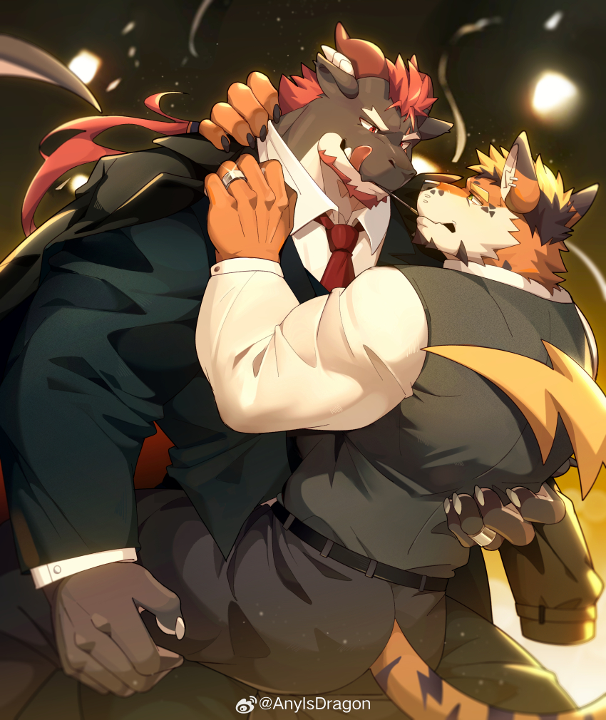 2boys, :q, absurdres, animal_ears, ass, bara, beard, biceps