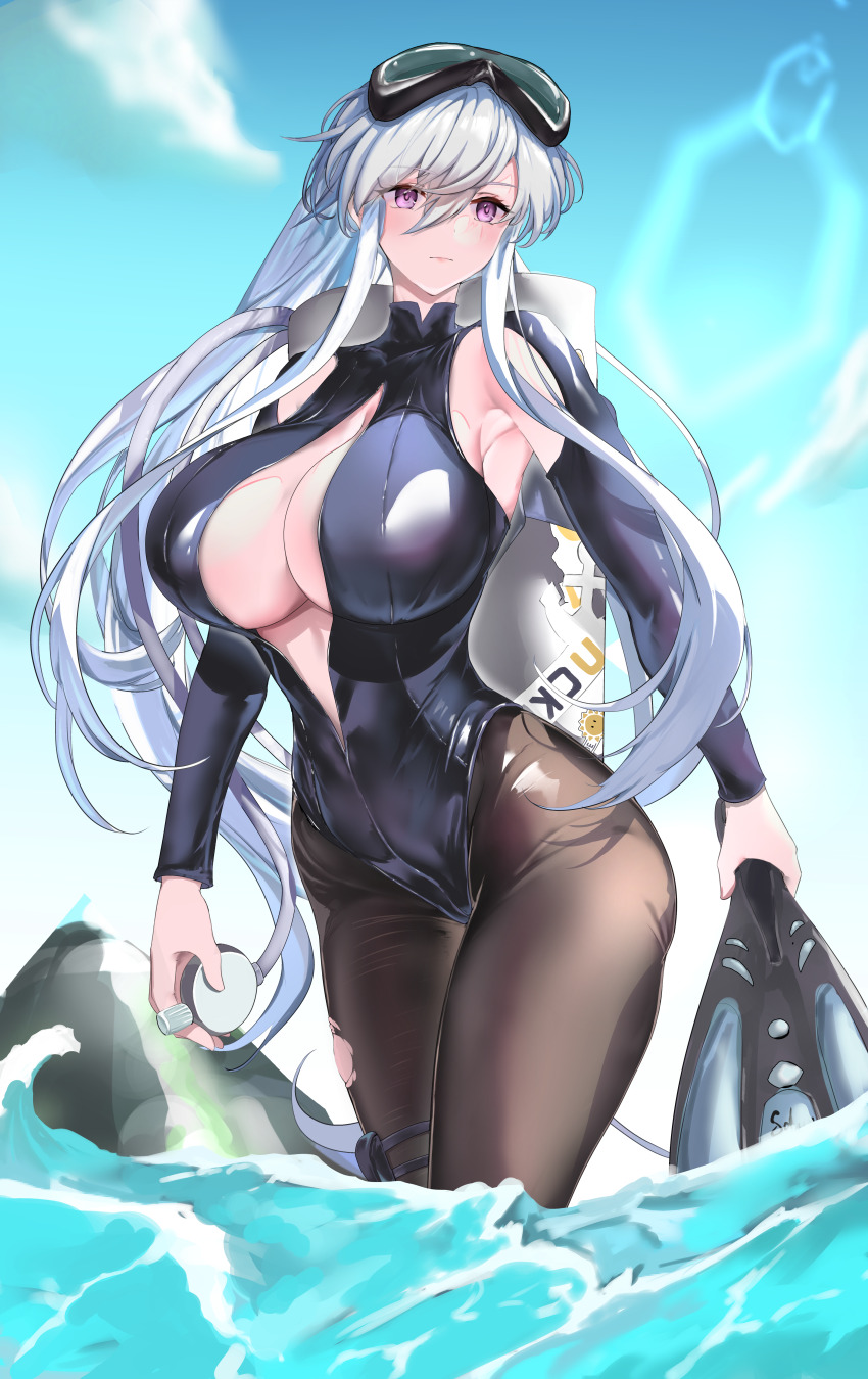 1girl, absurdres, azur_lane, black_wetsuit, breasts, commentary_request, diving_mask, diving_suit