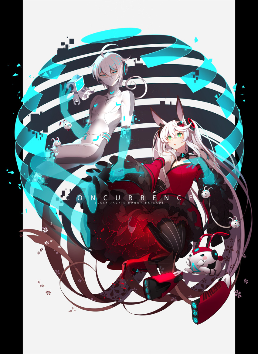 1boy, 1girl, :o, animal_ears, artist_collaboration, back_bow, black_border, black_bow, black_thighhighs, blue_eyes, blush, bodysuit, boots, border, bow, braid, breasts, cherry_blossoms, cleavage_cutout, clothing_cutout, collar, commentary, couple, dress, english_commentary, english_text, eyelashes, flower, frilled_dress, frilled_sleeves, frills, green_eyes, hair_ornament, hand_on_own_chest, headphones, hen-tie, hetero, highres, holding_hands, hologram, holographic_footwear, holographic_gloves, kanlamari, long_hair, long_sleeves, looking_at_another, loose_hair_strand, mask, mouth_mask, non-humanoid_robot, open_mouth, original, pink_flower, rabbit, rabbit_ears, red_dress, red_footwear, robot, robot_animal, shirodoodoos, short_dress, short_hair, side_braids, small_breasts, striped_bow, striped_clothes, striped_thighhighs, thighhighs, twintails, vertical-striped_clothes, vertical-striped_thighhighs, very_long_hair, white_background, white_bodysuit, white_collar, white_hair, white_mask, wide_sleeves