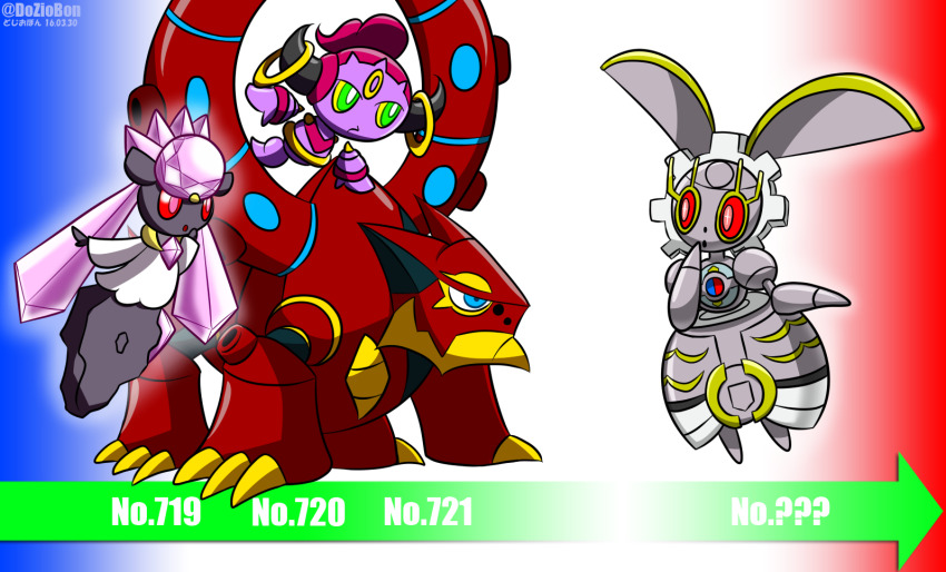 blue_eyes, diancie, dojikko_(ziodbon), gen_6_pokemon, gen_7_pokemon, hoopa, hoopa_(confined), legendary_pokemon, magearna, magearna_(normal), mythical_pokemon, nintendo, pokemon, pokemon_(creature), red_eyes, standing, twitter_username, volcanion