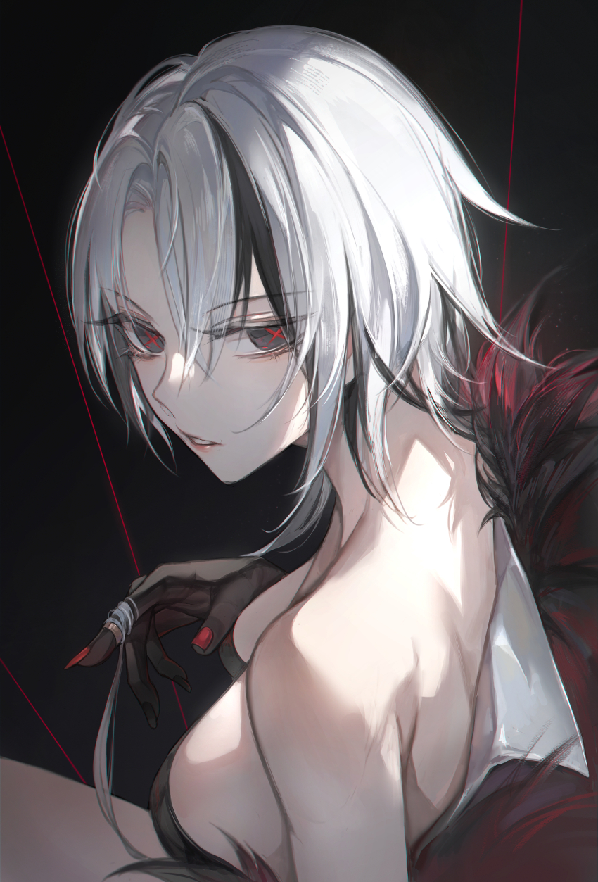 1girl, absurdres, arlecchino_(genshin_impact), bare_shoulders, black_background, black_eyes, black_hair, black_hands