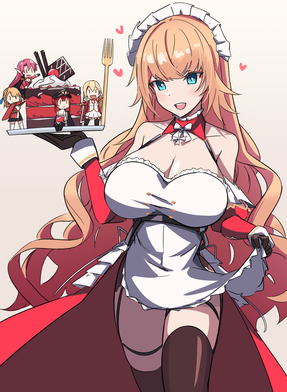 5girls, aqua_eyes, azur_lane, bare_shoulders, black_gloves, black_thighhighs, blonde_hair, breasts, cake, cake_slice, cherry, chibi, chibi_inset, cleavage, collarbone, commentary, duke_of_york_(azur_lane), english_commentary, food, fork, fruit, gloves, heart, highres, howe_(azur_lane), howe_(pastry_princess)_(azur_lane), king_george_v_(azur_lane), kotalier, large_breasts, long_hair, maid_headdress, mini_person, minigirl, monarch_(azur_lane), multiple_girls, official_alternate_costume, pink_hair, prince_of_wales_(azur_lane), red_hair, thighhighs, very_long_hair