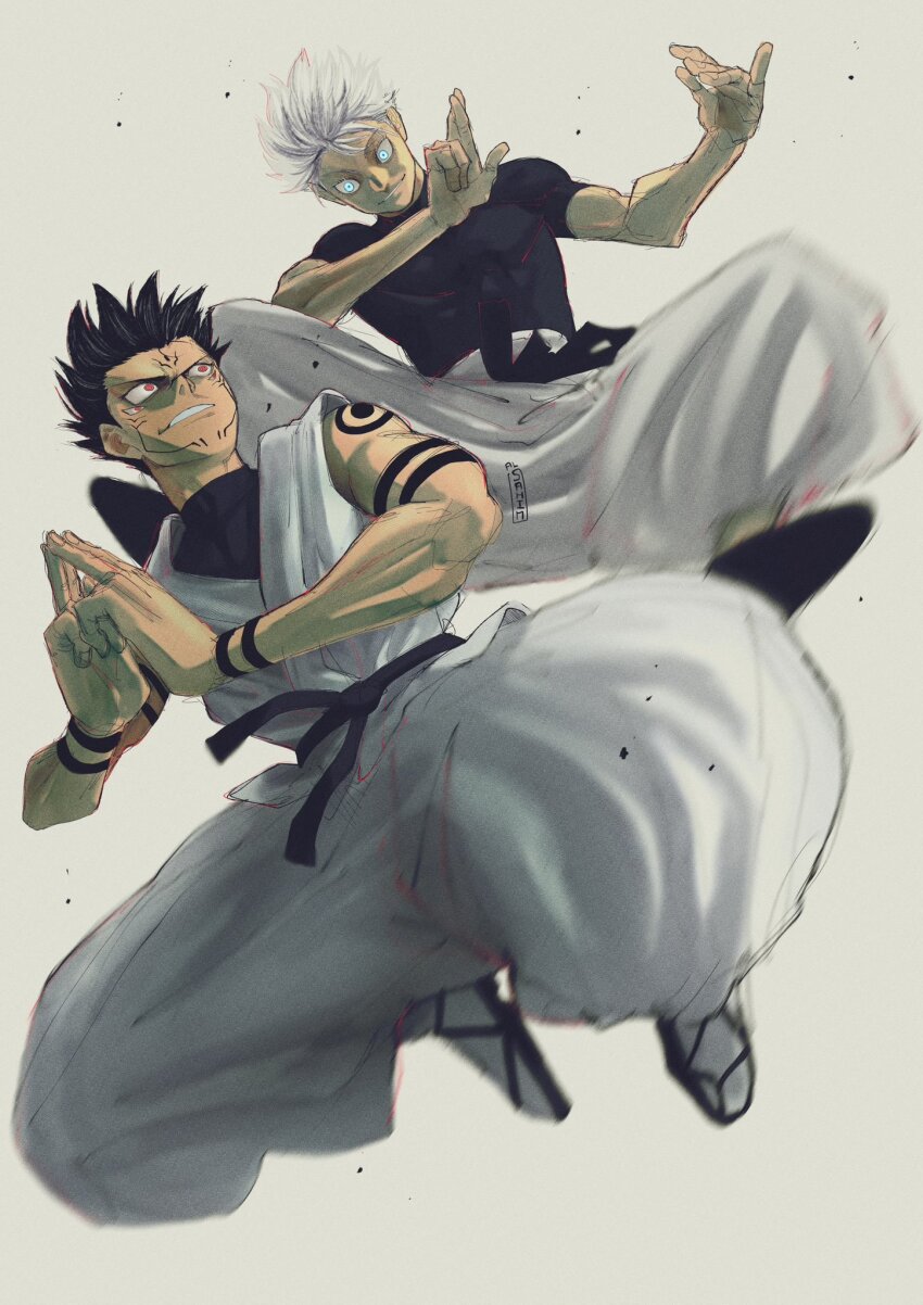 2boys, al_sahim, arm_tattoo, black_hair, black_shirt, blue_eyes, extra_eyes, facial_mark