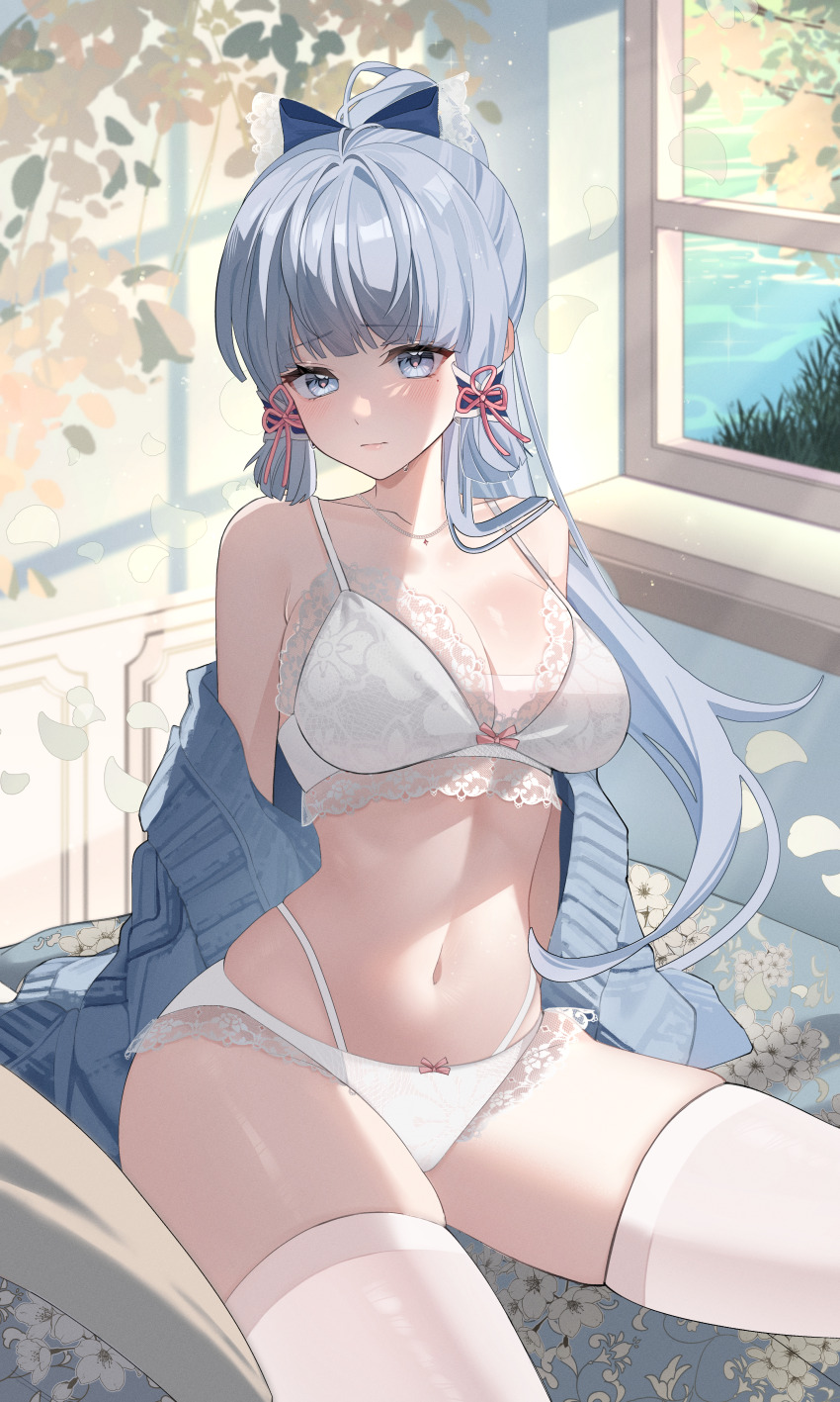1girl, absurdres, aqua74286, ayaka_(genshin_impact), bare_shoulders, blunt_bangs, bra, breasts, cleavage, collarbone, commentary_request, genshin_impact, grey_eyes, grey_hair, highres, indoors, large_breasts, long_hair, looking_at_viewer, navel, off_shoulder, panties, sitting, skindentation, solo, stomach, thighhighs, thighs, underwear, very_long_hair, white_bra, white_panties, white_thighhighs, window