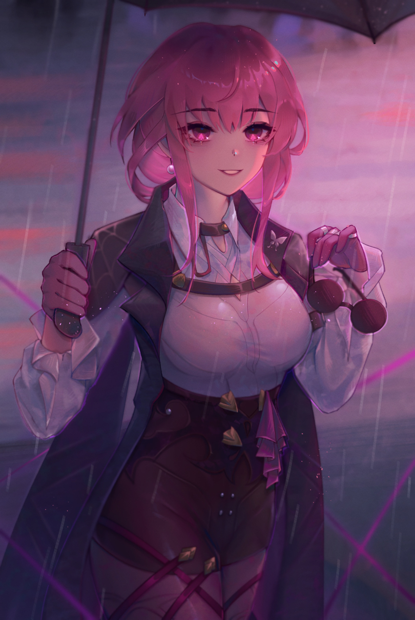 1girl, absurdres, black_coat, black_shorts, breasts, coat, commentary, cowboy_shot