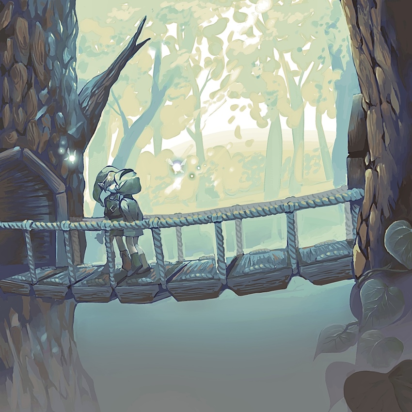 1boy, 1girl, arms_behind_back, blonde_hair, boots, bridge, brown_boots, brown_footwear, fairy, fold-over_boots, forest, green_footwear, green_hair, green_hairband, green_tunic, hairband, hat, highres, in-universe_location, ivy, kokiri, konnyakutarooou, link, nature, nintendo, outdoors, pointy_ears, saria_(zelda), standing, the_legend_of_zelda, the_legend_of_zelda:_ocarina_of_time, tree, tunic, turtleneck, wooden_bridge, young_link