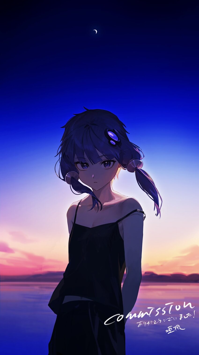 1girl, arm_behind_back, bare_arms, bare_shoulders, beach, black_camisole, black_skirt, breasts, camisole, closed_mouth, collarbone, commentary_request, commission, cowboy_shot, crescent_moon, gradient_sky, hair_ornament, highres, kakine, light_frown, looking_at_viewer, moon, navel, off_shoulder, purple_eyes, purple_hair, short_hair_with_long_locks, sidelocks, signature, skeb_commission, skirt, sky, sleeveless, small_breasts, solo, standing, sunset, translation_request, vocaloid, voiceroid, wind, yuzuki_yukari