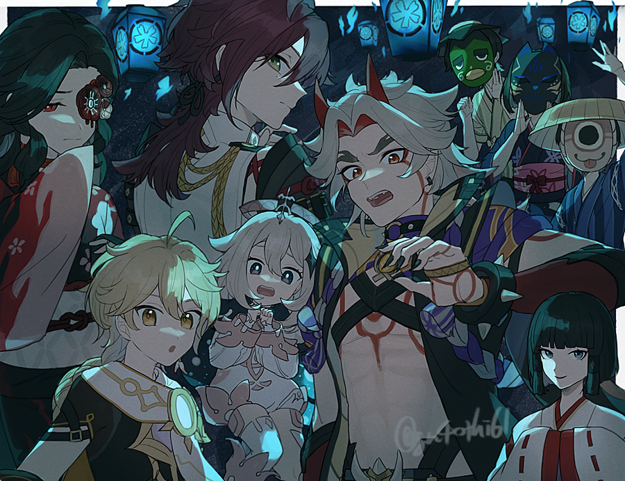 4girls, 5boys, :o, aether_(genshin_impact), ahoge, aiguillette, arataki_itto, artist_name