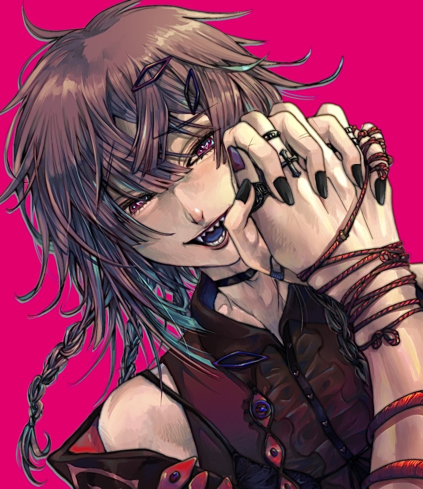 1girl, 1other, :d, bandaid, bandaid_on_hand, bare_shoulders, black_choker, black_shirt