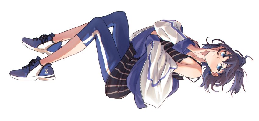 1girl, anco_(platanity), arm_under_breasts, black_shirt, blue_eyes, blue_hair, blue_jacket, blue_pants