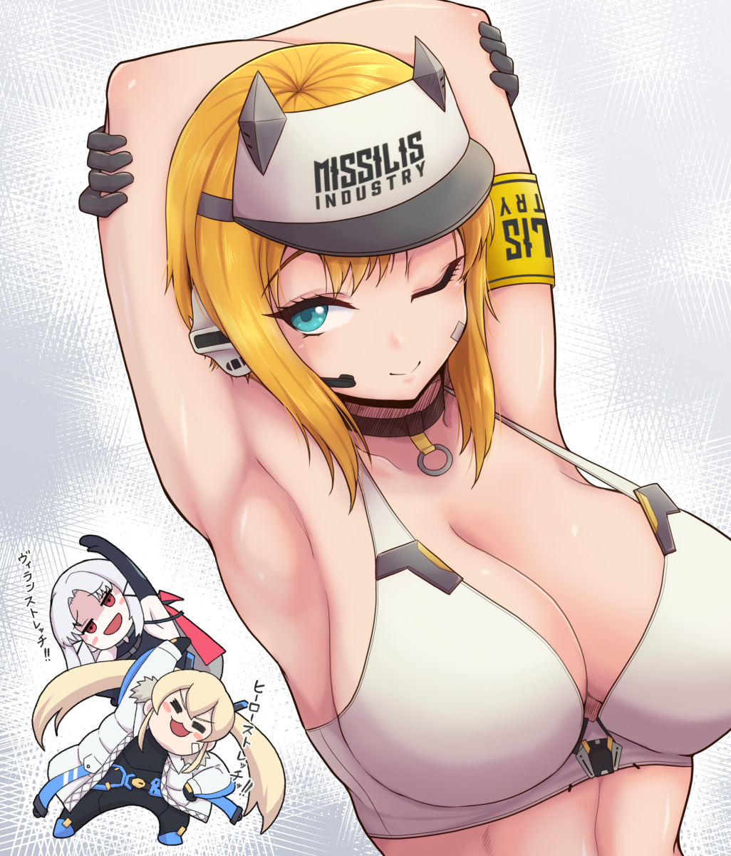 3girls, :3, =_=, aqua_eyes, arm_up, armband, armpits, arms_up, bandaid, bandaid_on_cheek, bandaid_on_face, bare_shoulders, black_bodysuit, black_choker, black_gloves, black_leotard, blonde_hair, blush_stickers, bodysuit, breasts, cape, chibi, choker, cleavage, closed_eyes, closed_mouth, clothes_writing, coat, collarbone, commentary_request, drake_(nikke), earpiece, elbow_gloves, exercising, full_body, fur-trimmed_coat, fur_trim, gloves, goddess_of_victory:_nikke, hair_between_eyes, hair_ornament, hairclip, headgear, highres, laplace_(nikke), large_breasts, leotard, long_hair, looking_at_viewer, matis_(nikke), maxwell_(nikke), midriff, multiple_girls, one_eye_closed, open_clothes, open_coat, open_mouth, parted_bangs, red_cape, red_eyes, shaded_face, short_hair, short_hair_with_long_locks, sidelocks, smile, solo_focus, sports_bra, standing, strap_gap, stretching, tatehiza_makura, translation_request, twintails, upper_body, visor_cap, white_background, white_coat, white_hair, white_headwear, white_sports_bra, wink