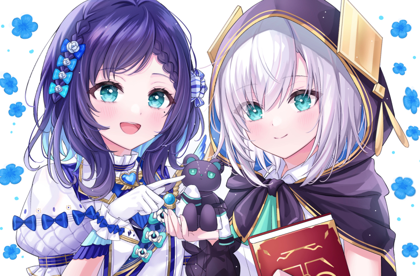 2girls, aiba_uiha, aiba_uiha_(1st_costume), ars_almal, ars_almal_(1st_costume), blue_eyes, blush, book