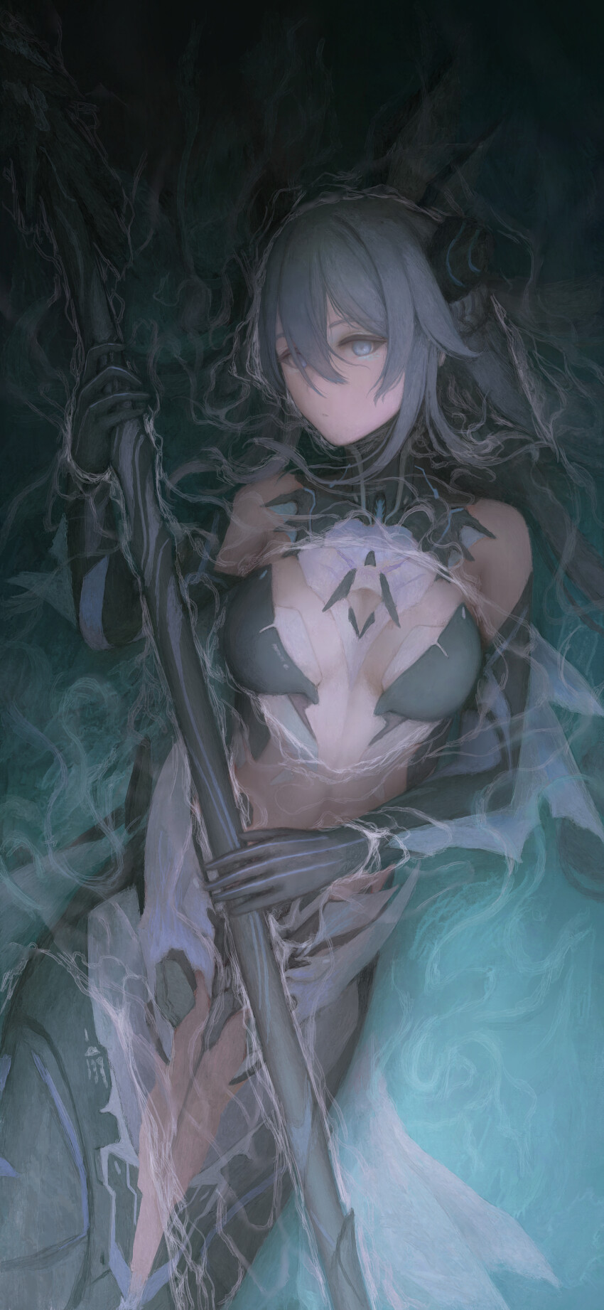 1girl, absurdres, adhesive_bra, aqua_eyes, black_bra, black_collar, bra, breasts, collar, detached_collar, dina_5347, fins, hair_between_eyes, hair_ornament, head_fins, highres, holding, holding_polearm, holding_weapon, lamia:_lost_lullaby_(pgr), lamia_(pgr), long_hair, mechanical_arms, mermaid, monster_girl, partially_submerged, polearm, punishing:_gray_raven, shell, shell_hair_ornament, small_breasts, solo, underwear, weapon