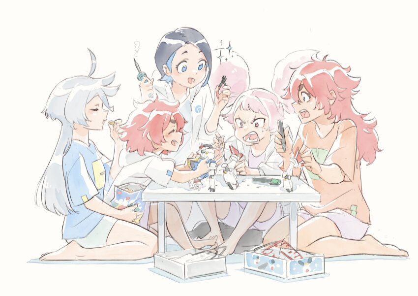 5girls, absurdres, afro_puffs, ahoge, angry, bag_of_chips, barefoot, black_hair