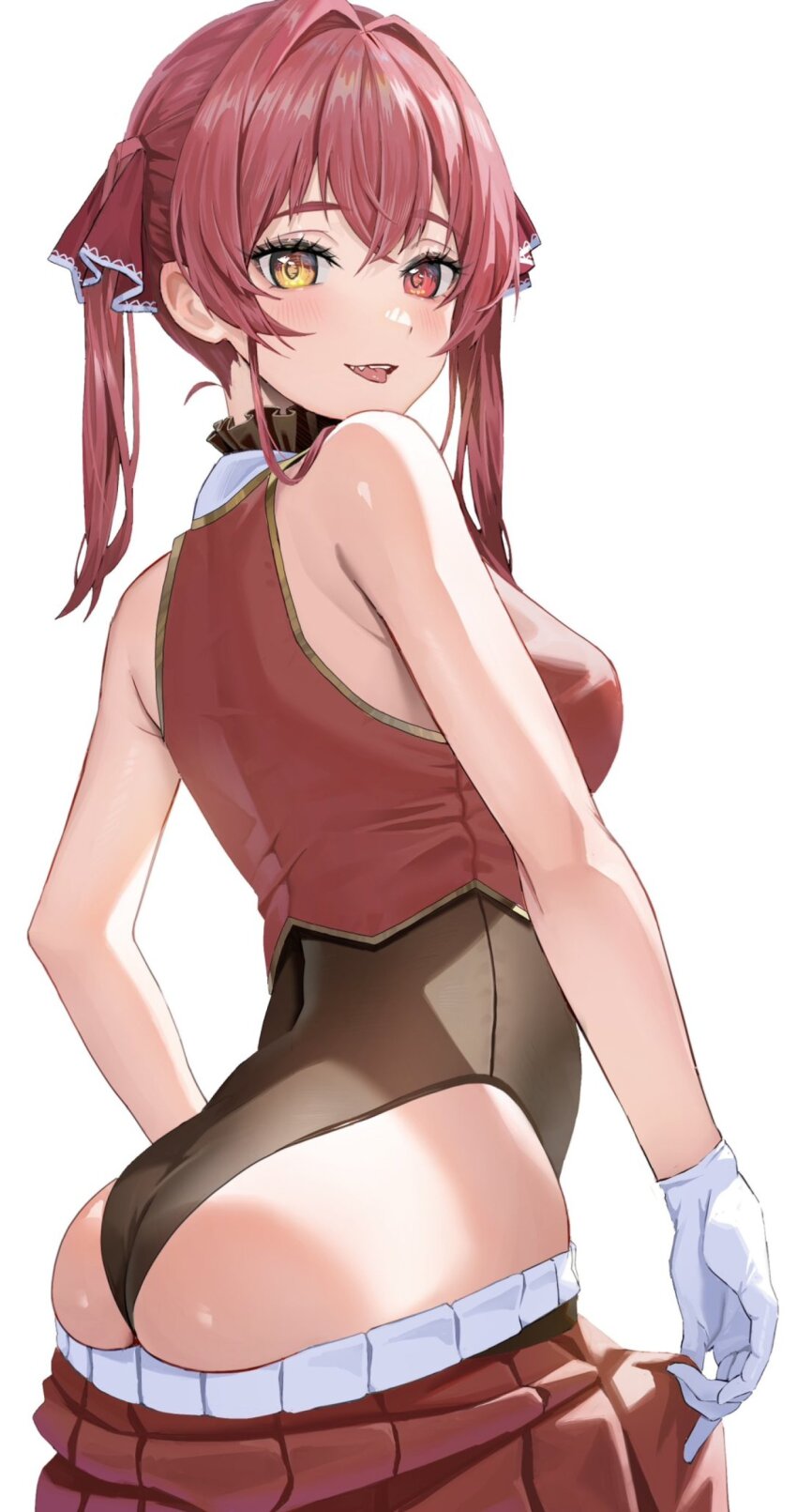 1girl, :p, absurdres, armpit_crease, ass, bare_shoulders, black_leotard, blush, breasts, clothes_pull, commentary_request, cropped_jacket, crossed_bangs, eyelashes, from_side, gloves, hair_between_eyes, hair_ribbon, heterochromia, highres, hololive, houshou_marine, houshou_marine_(1st_costume), jacket, kobayashi_(jna_x_rgh), leotard, leotard_under_clothes, looking_at_viewer, median_furrow, medium_breasts, pleated_skirt, red_eyes, red_hair, red_jacket, red_ribbon, red_skirt, ribbon, simple_background, skirt, skirt_pull, sleeveless, sleeveless_jacket, solo, teeth, tongue, tongue_out, turning_head, twintails, upper_teeth_only, virtual_youtuber, white_background, white_gloves, yellow_eyes