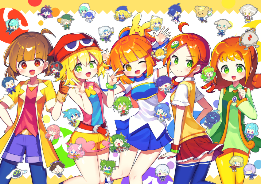 6+boys, 6+girls, absurdres, ahoge, ally_(puyopuyo), amitie_(puyopuyo), andou_ringo, arle_nadja, blonde_hair, blue_footwear, blue_pantyhose, blue_thighhighs, boots, brown_eyes, brown_hair, carbuncle_(puyopuyo), character_request, closed_mouth, double_v, draco_centauros, drill_hair, feli_(puyopuyo), green_eyes, hair_ornament, hairclip, highres, klug_(puyopuyo), knee_boots, lidelle_(puyopuyo), looking_at_viewer, marle_(puyopuyo), medium_hair, multiple_boys, multiple_girls, offbeat, one_eye_closed, open_mouth, pantyhose, ponytail, puyopuyo, puyopuyo_chronicle, puyopuyo_fever, puyopuyo_quest, puyopuyo_tetris, puyopuyo_tetris_2, raffina_(puyopuyo), red_eyes, red_hair, red_skirt, rei_(puyopuyo), rulue_(puyopuyo), sasaki_maguro, satan_(puyopuyo), schezo_wegey, serilly_(puyopuyo), shirt, short_hair, short_ponytail, short_sleeves, sig_(puyopuyo), skirt, thighhighs, twin_drills, v, white_shirt, witch_(puyopuyo), yellow_pantyhose, yu_(puyopuyo)
