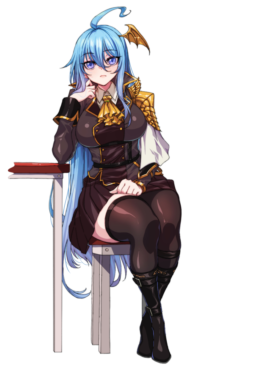 1girl, :<, ahoge, boots, chair, closed_mouth, commission, commissioner_upload, douluo_dalu, full_body, glint, gradient_hair, hair_ornament, side_capelet, hand_on_lap, highres, long_hair, long_sleeves, multicolored_hair, pixiv_commission, rantia, sitting, solo, table, thighhighs, uniform, wang_qiu_er_(douluo_dalu), wing_hair_ornament, wrist_cuffs