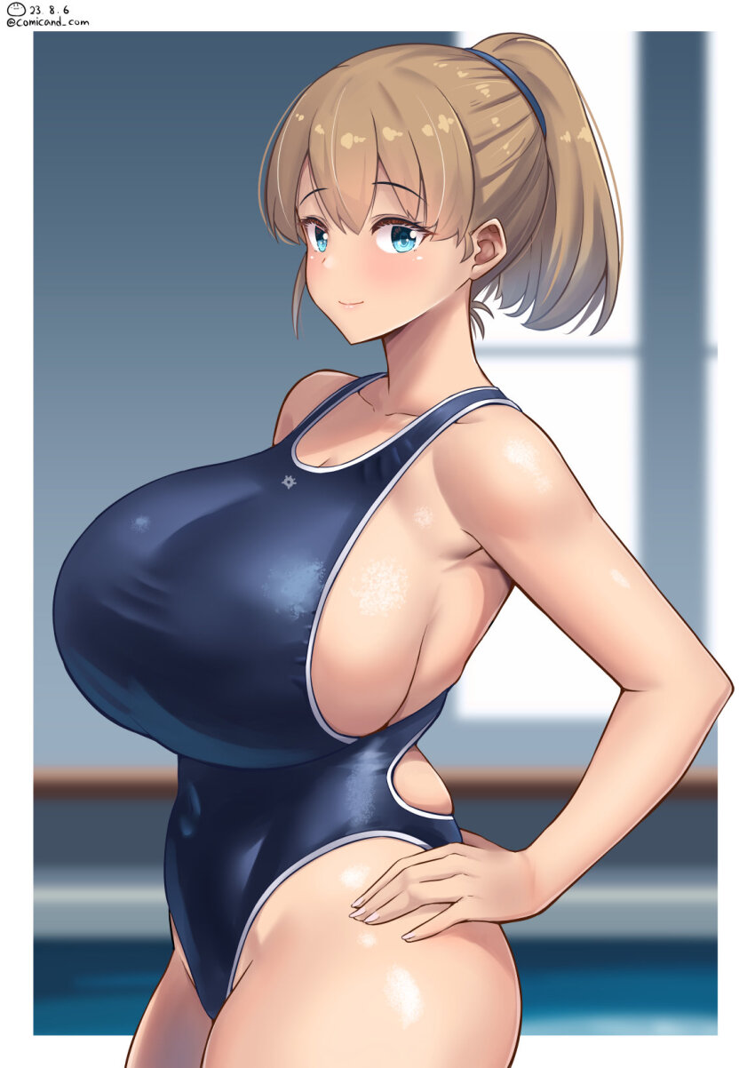 1girl, bare_arms, bare_shoulders, blonde_hair, blue_eyes, blue_one-piece_swimsuit, blush, border, breasts, brown_hair, closed_mouth, collarbone, competition_swimsuit, covered_navel, cowboy_shot, dated, hair_between_eyes, hand_on_own_hip, hands_on_own_hips, highleg, highleg_one-piece_swimsuit, highres, huge_breasts, impossible_clothes, impossible_swimsuit, indoors, intrepid_(kancolle), kantai_collection, looking_at_viewer, one-piece_swimsuit, ponytail, pool, shiromaru_(maniado), short_hair, sideboob, skindentation, smile, solo, standing, swimsuit, twitter_username, water, white_border, window