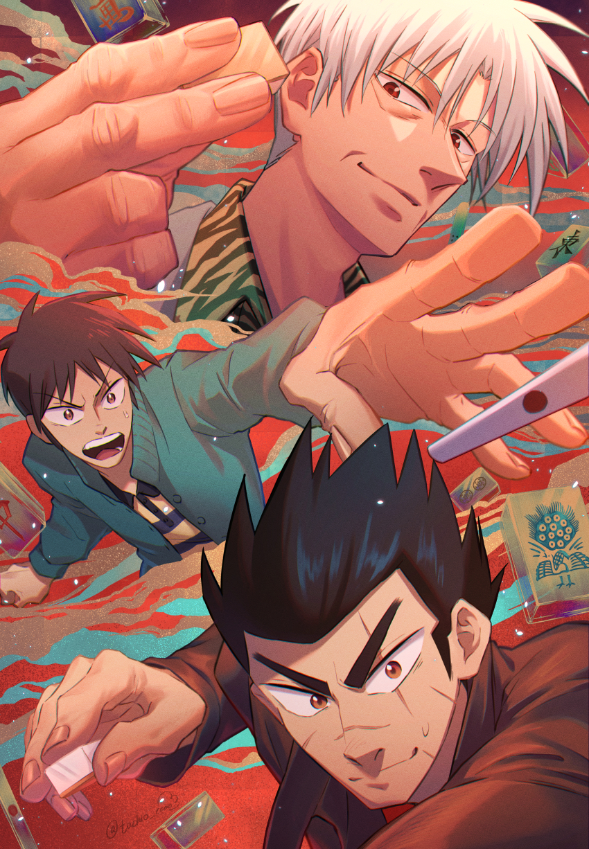 3boys, 3girls, absurdres, akagi_shigeru, animal_print, black_hair, blue_shirt, blue_sweater