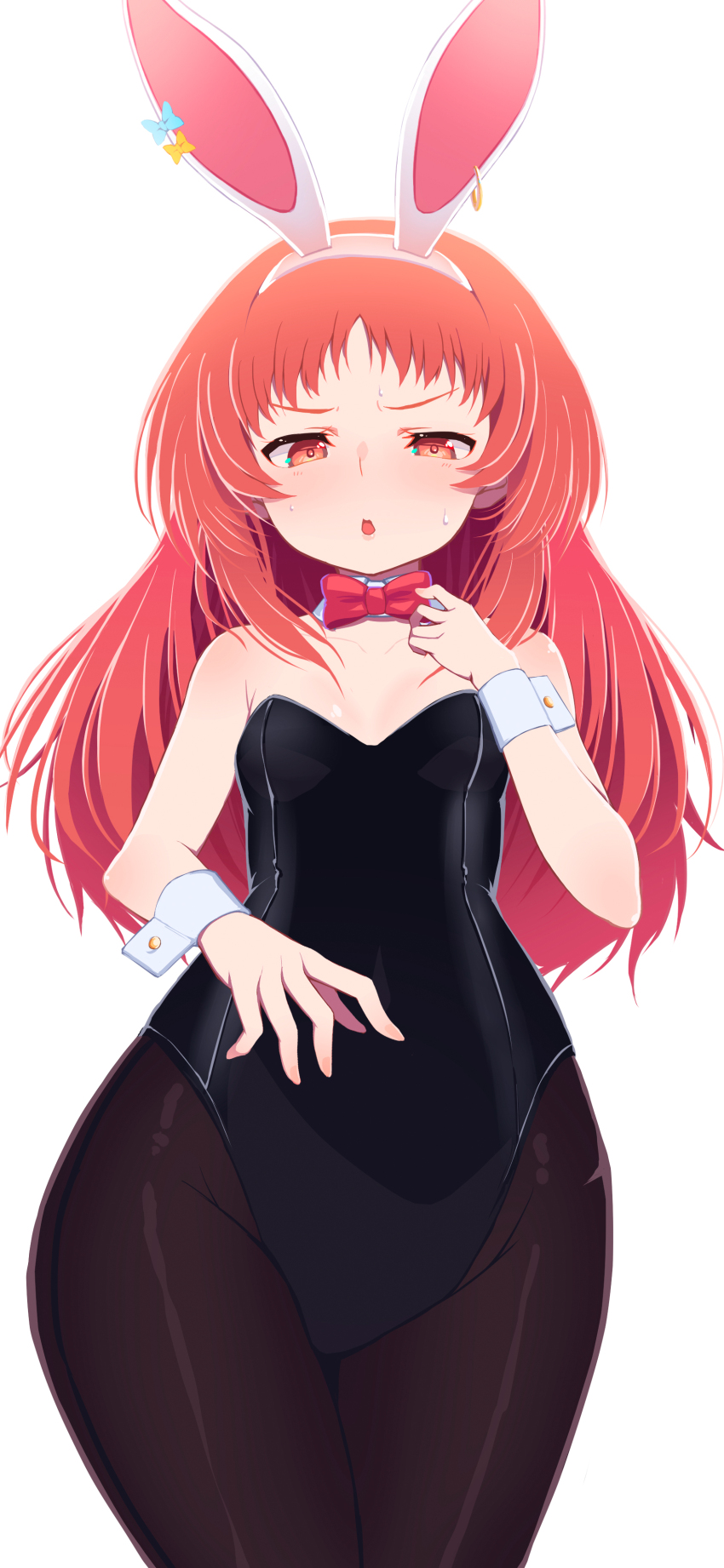 1girl, absurdres, animal_ears, black_leotard, black_thighhighs, blush, bow, bowtie, breasts, choppy_bangs, cowboy_shot, embarrassed, fake_animal_ears, from_below, highres, leotard, looking_at_viewer, looking_down, mie_ai, open_mouth, orange_eyes, orange_hair, playboy_bunny, rabbit_ears, red_bow, red_bowtie, reeto_(panama), simple_background, small_breasts, solo, sukinako_ga_megane_wo_wasureta, teardrop, thighhighs, traditional_bowtie, white_background, wrist_cuffs