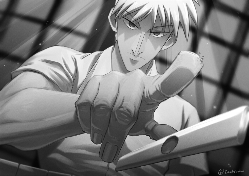 1boy, absurdres, akagi:_yami_ni_oritatta_tensai, akagi_shigeru, closed_mouth, collared_shirt, commentary_request, dutch_angle