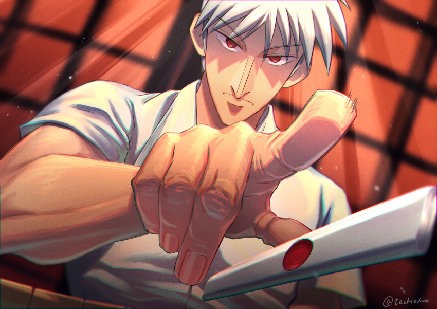 1boy, absurdres, akagi:_yami_ni_oritatta_tensai, akagi_shigeru, closed_mouth, collared_shirt, commentary_request, dutch_angle