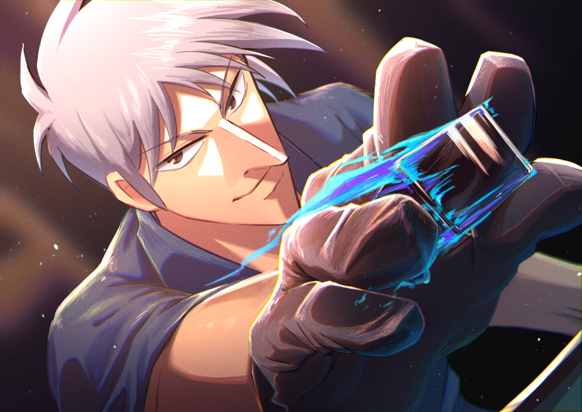 1boy, absurdres, akagi:_yami_ni_oritatta_tensai, akagi_shigeru, black_gloves, blue_fire, brown_eyes, closed_mouth, commentary_request, dutch_angle, fire, fukumoto_mahjong, fukumoto_nobuyuki_(style), gloves, grey_hair, grey_shirt, highres, holding, holding_mahjong_tile, light_particles, looking_at_viewer, mahjong, mahjong_tile, male_focus, official_style, parody, pointy_nose, shirt, short_hair, short_sleeves, smile, solo, style_parody, tachihiro1000, upper_body