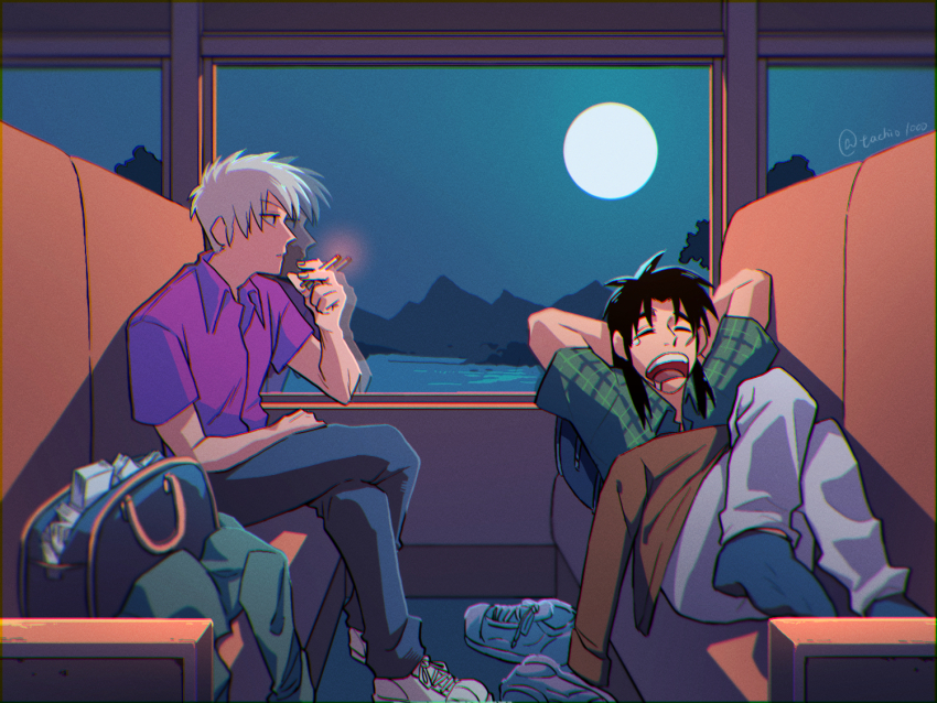 2boys, akagi:_yami_ni_oritatta_tensai, akagi_shigeru, arms_behind_head, bag, banknote, black_hair, black_pants