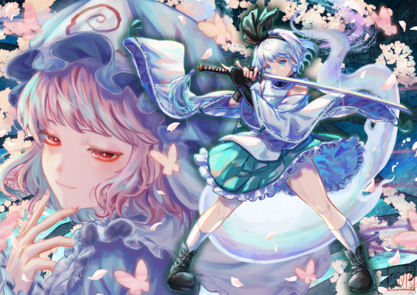 2girls, adapted_costume, black_footwear, black_hairband, black_ribbon, blue_eyes, blue_headwear, boots