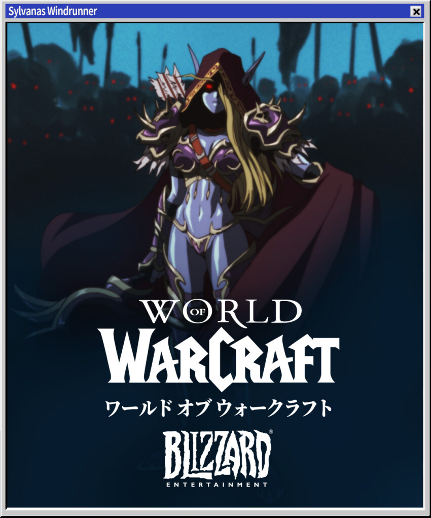 1990s_(style), 1girl, 6+others, armor, arrow_(projectile), blizzard_(company), blonde_hair, blue_skin, breasts, character_name, cleavage, cloak, colored_skin, dark_elf, elf, english_text, glowing, glowing_eye, glowing_eyes, highres, hood, hooded_cloak, medium_breasts, mixed-language_text, multiple_others, pauldrons, pointy_ears, quiver, red_eyes, retro_artstyle, shoulder_armor, sylvanas_windrunner, warcraft, world_of_warcraft, yoodotann