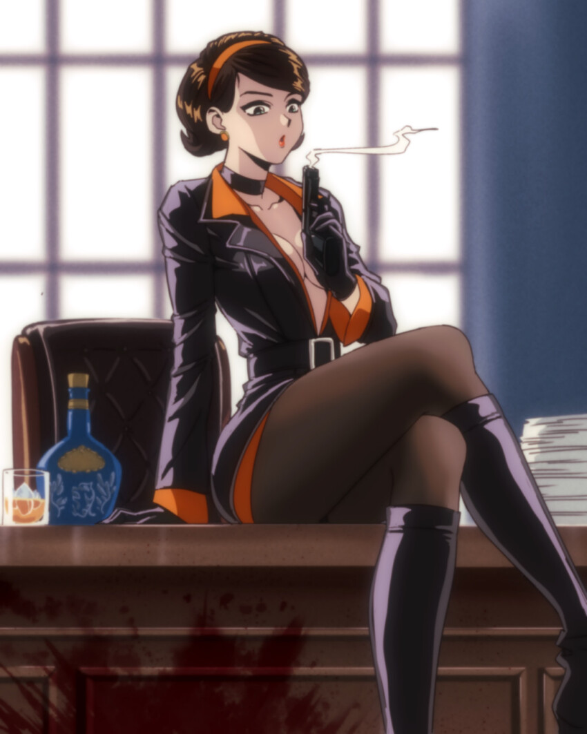 1980s_(style), 1girl, alcohol, animification, black_boots, blood, blood_splatter, blue_eyes, boots, bottle, breasts, brown_hair, cate_archer, chair, choker, cleavage, cork, cup, desk, drinking_glass, gun, handgun, highres, holding, holding_gun, holding_weapon, ice, ice_cube, medium_breasts, no_one_lives_forever, oldschool, pantyhose, paper_stack, retro_artstyle, short_hair, solo, weapon, whiskey, window, wine_bottle, yoodotann