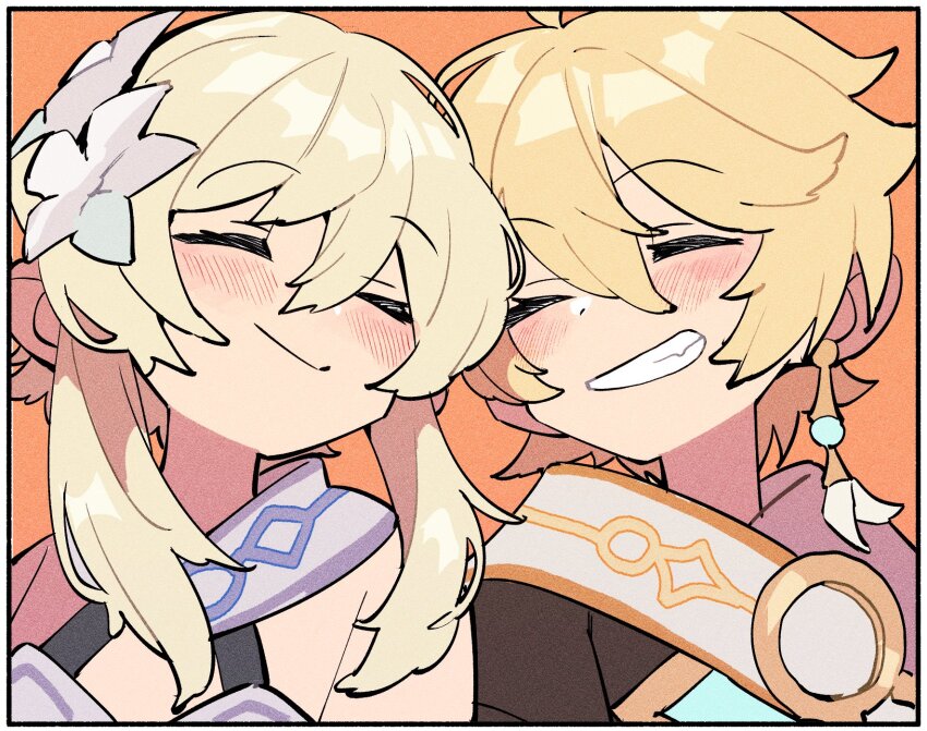 1boy, 1girl, aether_(genshin_impact), blonde_hair, blush, brother_and_sister, closed_eyes, closed_mouth