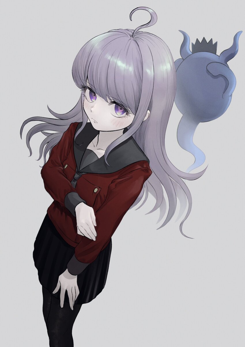 1boy, 1girl, 720_(67ojz36kim5116), ahoge, black_pantyhose, black_sailor_collar, black_skirt, blush, closed_mouth, collarbone, commentary_request, crossdressing, crossdressing_(mtf), crown, facing_away, frown, ghost, grey_background, hand_on_own_arm, highres, horns, long_hair, long_sleeves, looking_at_viewer, male_focus, master_detective_archives:_rain_code, official_alternate_costume, official_alternate_hairstyle, pantyhose, pleated_skirt, purple_eyes, purple_hair, red_shirt, sailor_collar, school_uniform, serafuku, shinigami_(ghost)_(rain_code), shinigami_(rain_code), shirt, simple_background, skirt, spoilers, standing, symbol_in_eye, trap, yuma_kokohead