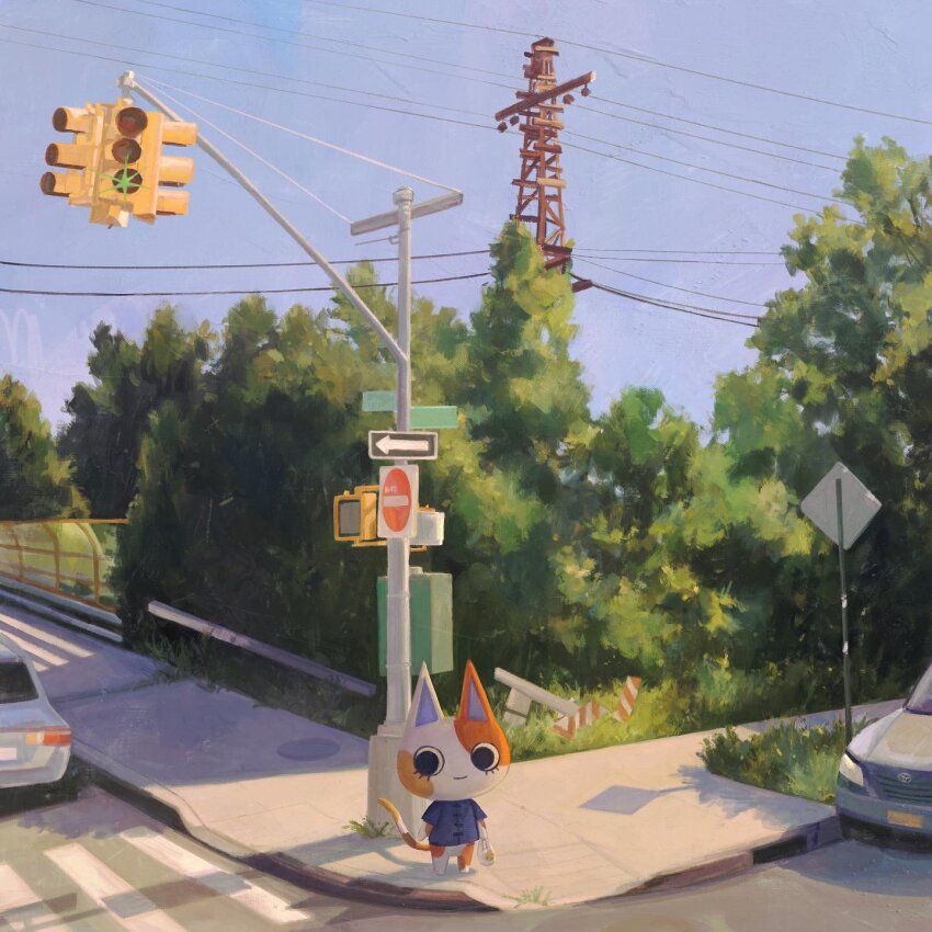 animal_crossing, bag, black_eyes, blue_shirt, blue_sky, bush, car, closed_mouth