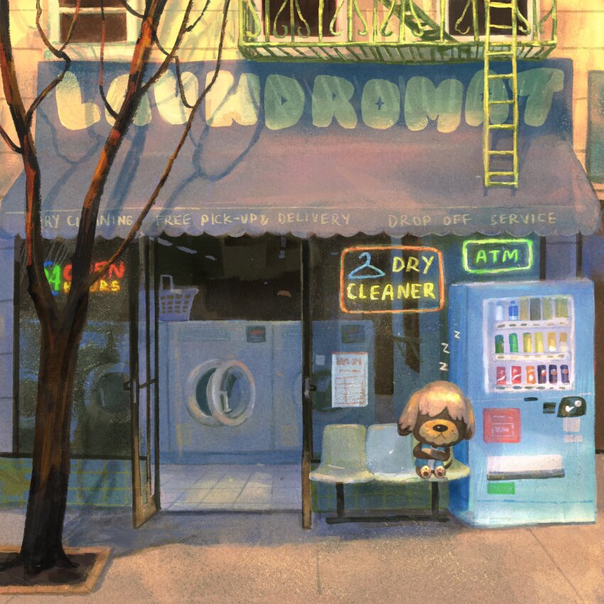 animal_crossing, awning, bare_tree, basket, building, can, closed_mouth, commentary