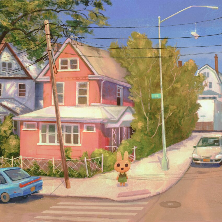 animal_crossing, blue_sky, building, bush, car, coco_(animal_crossing), commentary, crosswalk, day, dress, fawn_(fawnyawns), fence, full_body, grass, green_dress, highres, hollow_eyes, house, lamppost, manhole_cover, motor_vehicle, nintendo, open_mouth, outdoors, power_lines, road, scenery, sidewalk, sign, sky, standing, street, untranslatable_commentary, tree, utility_pole