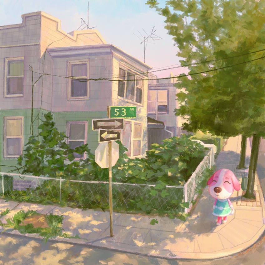 absurdres, animal_crossing, blue_dress, building, closed_eyes, closed_mouth, commentary, cookie_(animal_crossing)